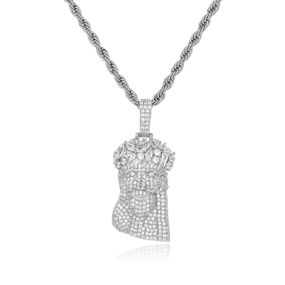 Men’s Hip Hop Cartoon Head Pendant Necklace, Copper Zircon Rope Chain, 24 Inch