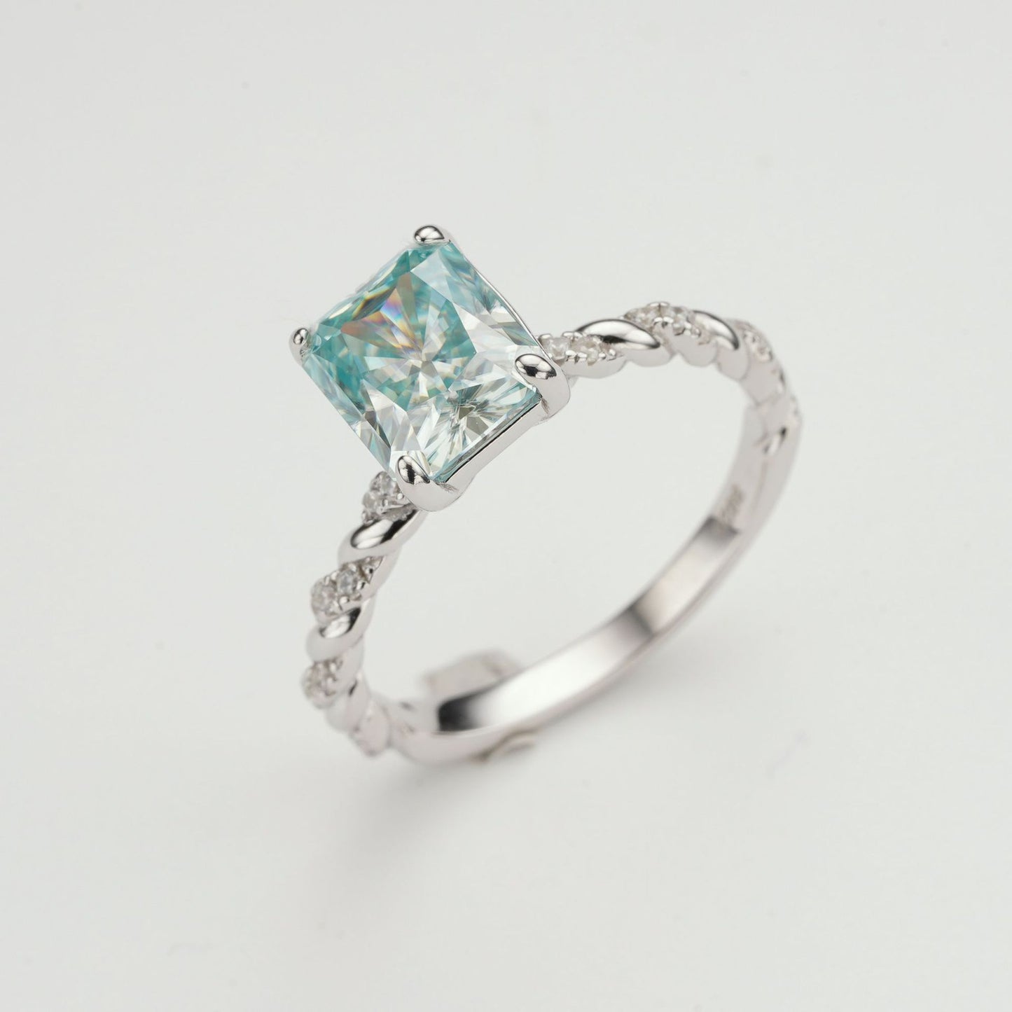 Blue Moissanite Ring, 3 Carat Radiant Cut, S925 Sterling Silver Twisted Band product image