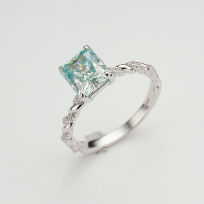 Blue Moissanite Ring, 3 Carat Radiant Cut, S925 Sterling Silver Twisted Band
