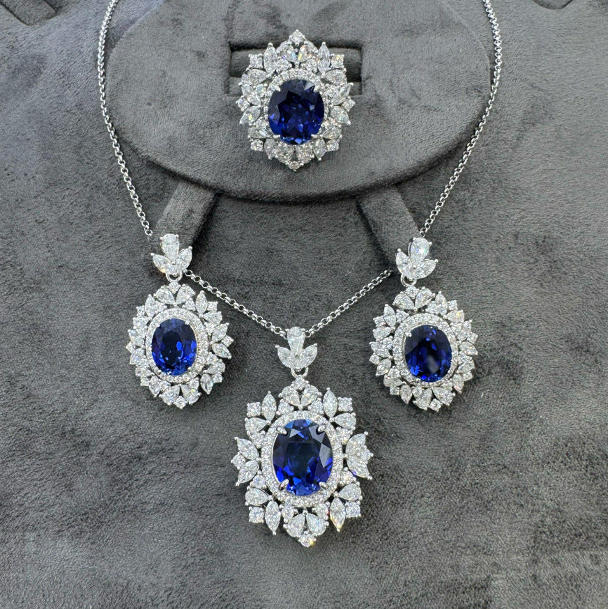 S925 Sterling Silver Lab-Created Blue Sapphire Necklace and Earrings Set, Floral Halo Jewelry for Women product image