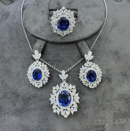 S925 Sterling Silver Lab-Created Blue Sapphire Necklace and Earrings Set, Floral Halo Jewelry for Women