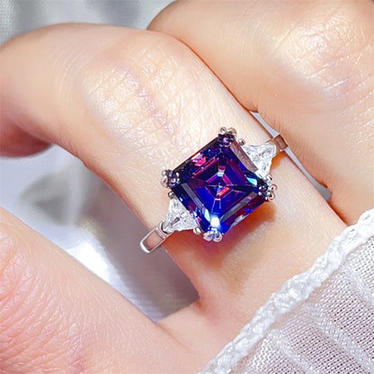 3 Carat Asscher Cut Three Stone Moissanite Ring for Women, Colored Engagement Ring, Promise Ring