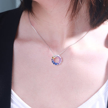 Rainbow Circle Pendant Necklace, S925 Silver Colored Stone Halo for Women