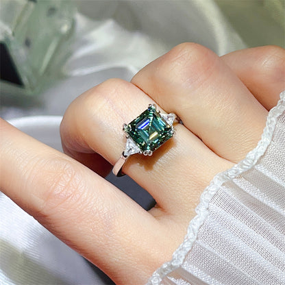 3 Carat Asscher Cut Three Stone Moissanite Ring for Women, Colored Engagement Ring, Promise Ring