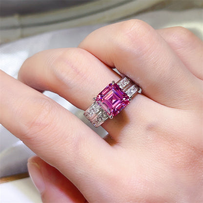Pink Moissanite Ring with U-Shape Double Band, Square Cut Statement Ring