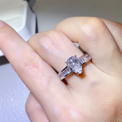 Pear Cut Moissanite Ring with Baguette Band, 18K Gold D Color Style Ring for Women