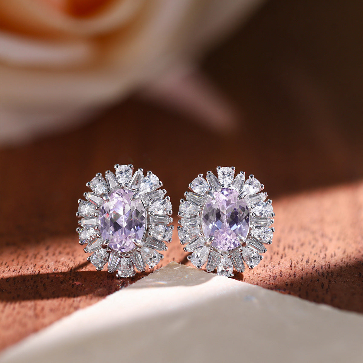 925 Silver Lab-Grown Purple Oval Halo Jewelry Set, Necklace Ring Stud Earrings product image