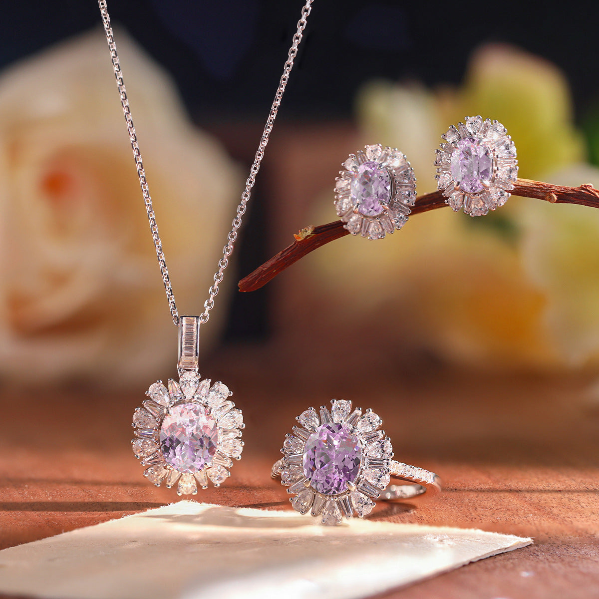 925 Silver Lab-Grown Purple Oval Halo Jewelry Set, Necklace Ring Stud Earrings product image