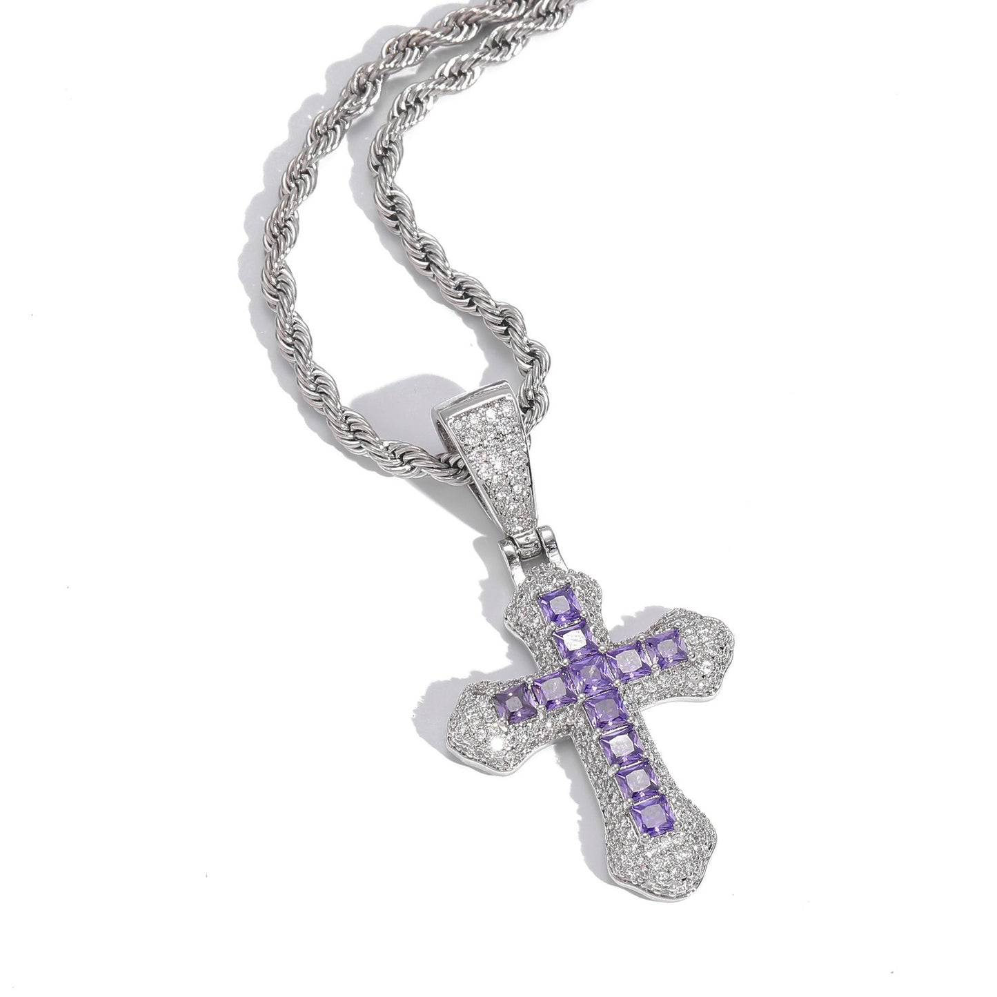 Hip Hop Light Luxury Cross Square Cubic Zirconia Pendant Necklace for Men and Women