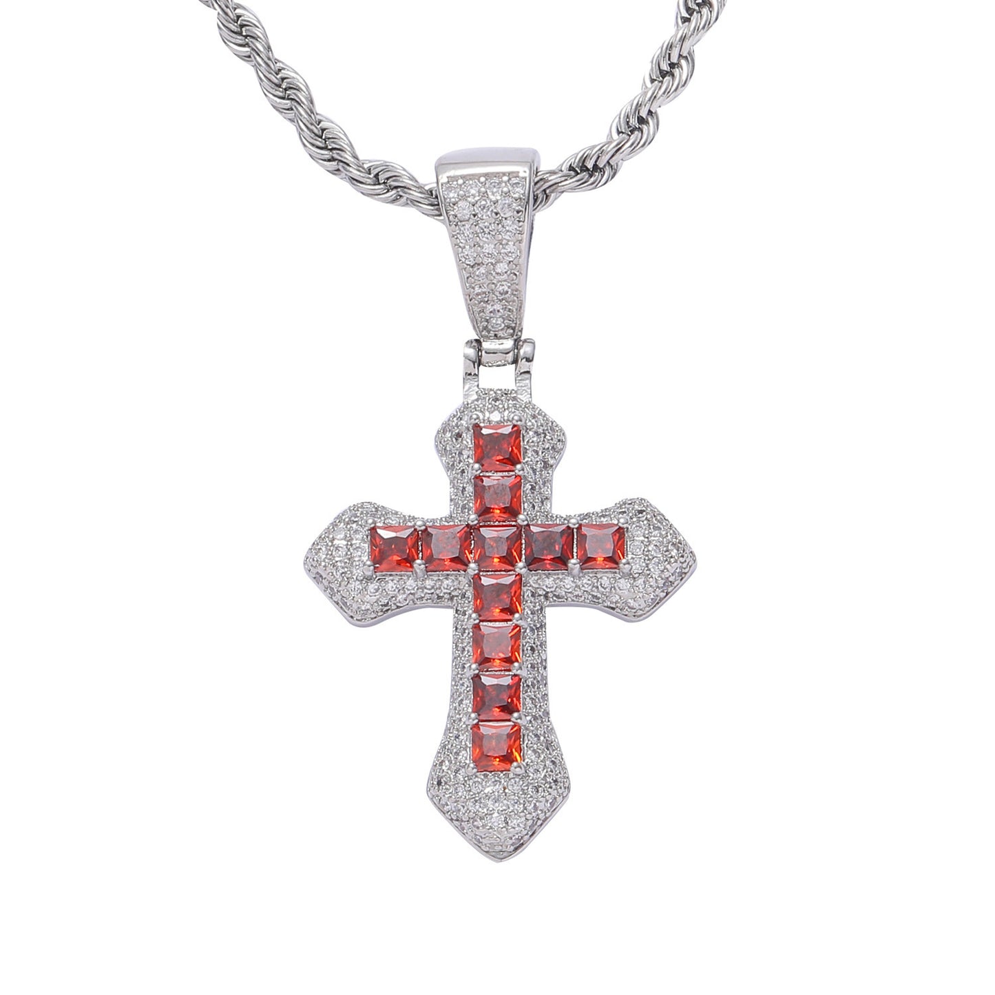 Hip Hop Light Luxury Cross Square Cubic Zirconia Pendant Necklace for Men and Women