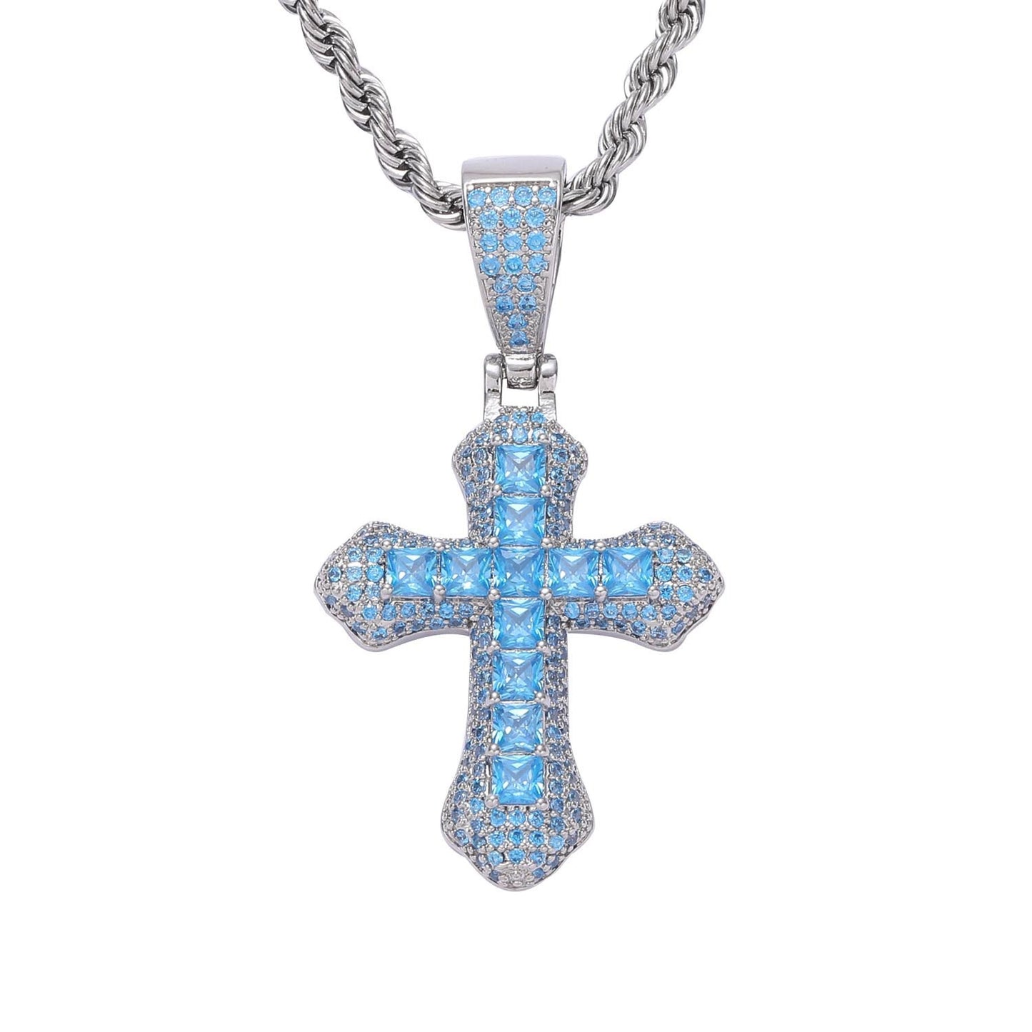 Hip Hop Light Luxury Cross Square Cubic Zirconia Pendant Necklace for Men and Women