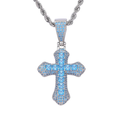 Hip Hop Light Luxury Cross Square Cubic Zirconia Pendant Necklace for Men and Women