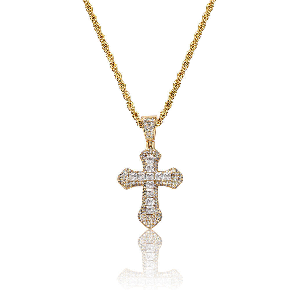 Hip Hop Light Luxury Cross Square Cubic Zirconia Pendant Necklace for Men and Women