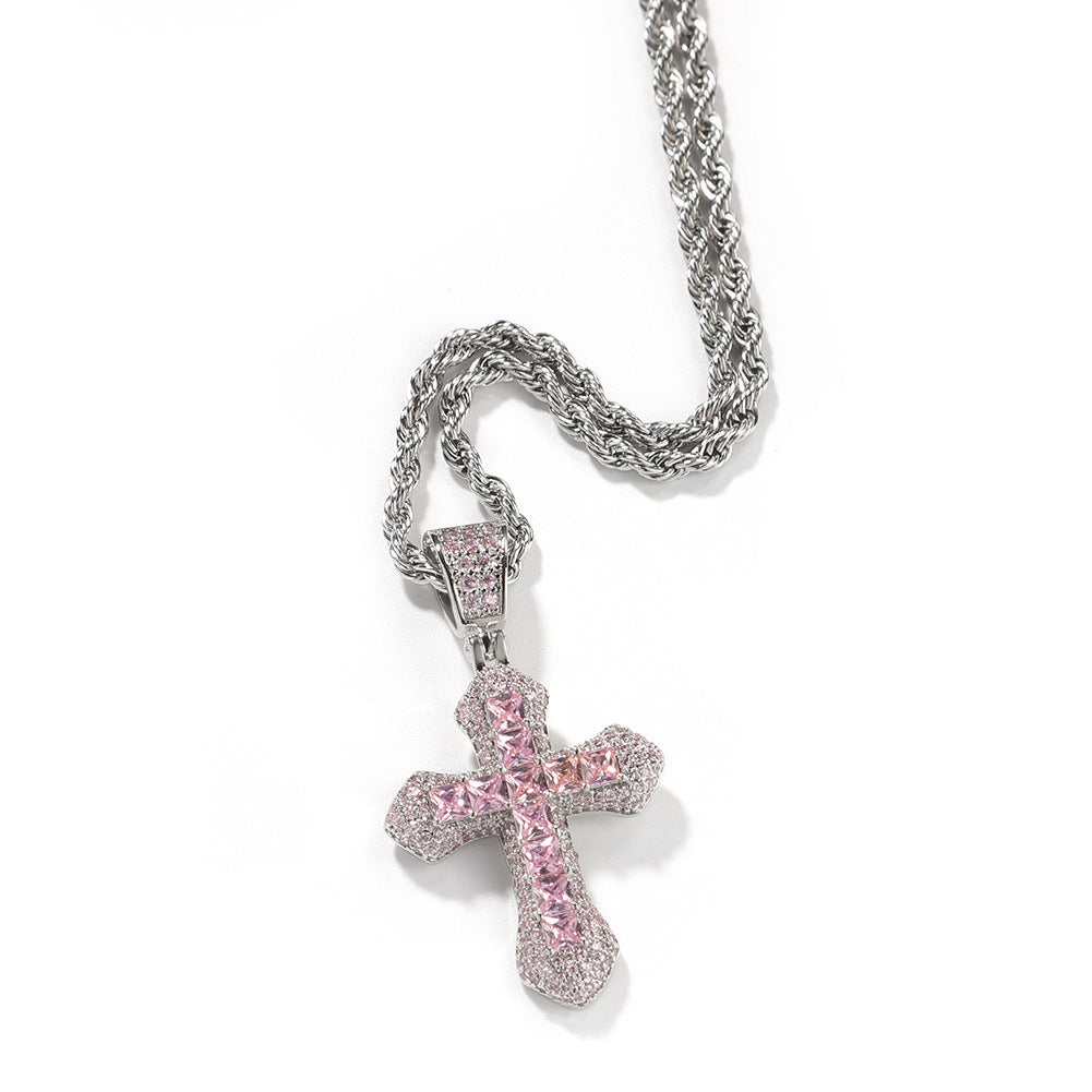 Hip Hop Light Luxury Cross Square Cubic Zirconia Pendant Necklace for Men and Women