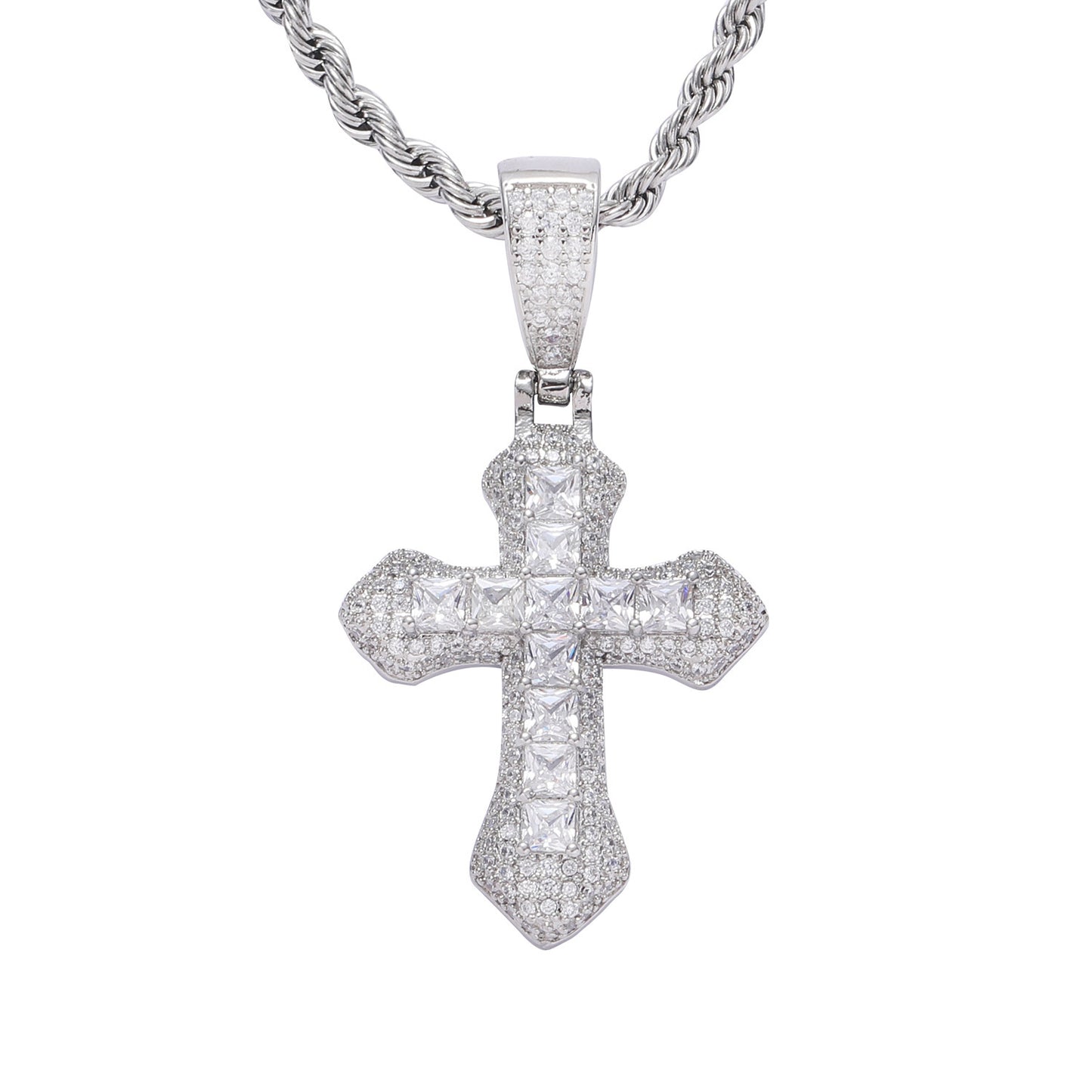 Hip Hop Light Luxury Cross Square Cubic Zirconia Pendant Necklace for Men and Women