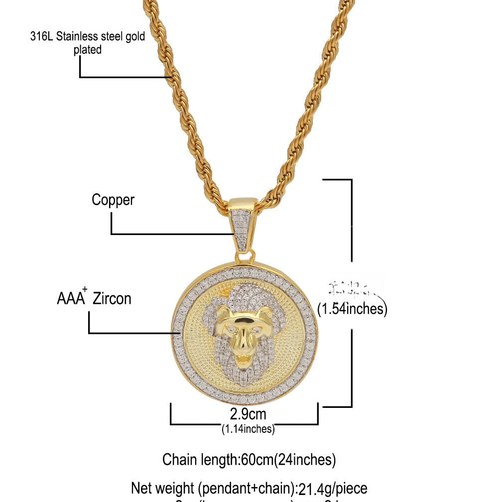 微镶锆石狮子头圆形军牌金色+3mm60cm麻花链 product image