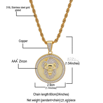 微镶锆石狮子头圆形军牌金色+3mm60cm麻花链