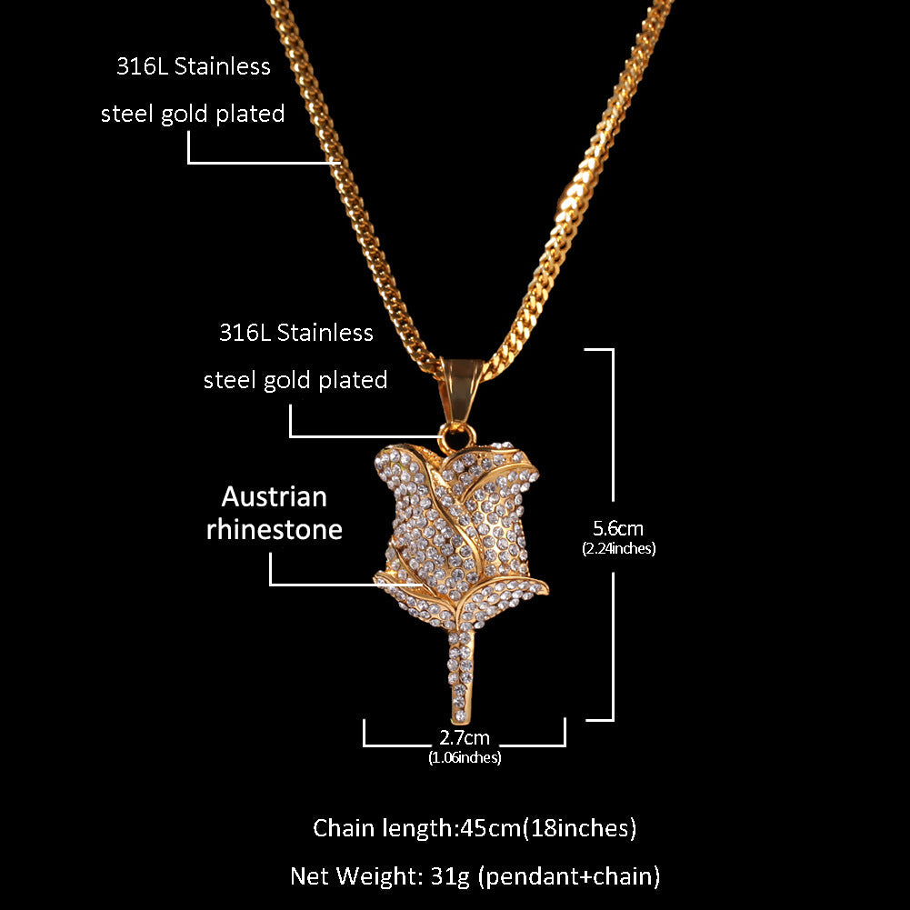 不锈钢满钻玫瑰花金色+3mm60cm麻花链
