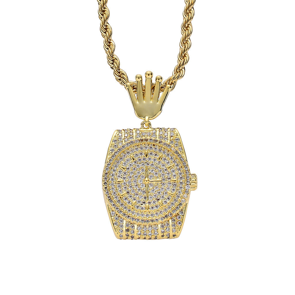 Hip Hop Crown Cubic Zirconia Pendant Necklace for Men and Women