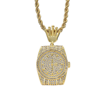 Hip Hop Crown Cubic Zirconia Pendant Necklace for Men and Women