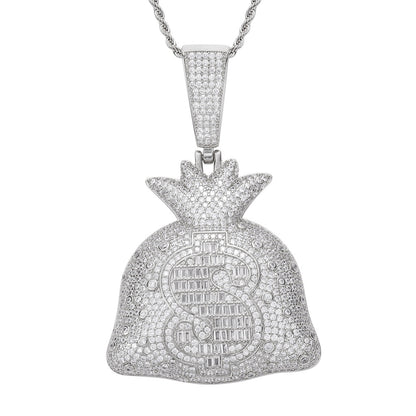 Hip Hop Dollar Money Bag Copper Pendant Necklace for Men and Women