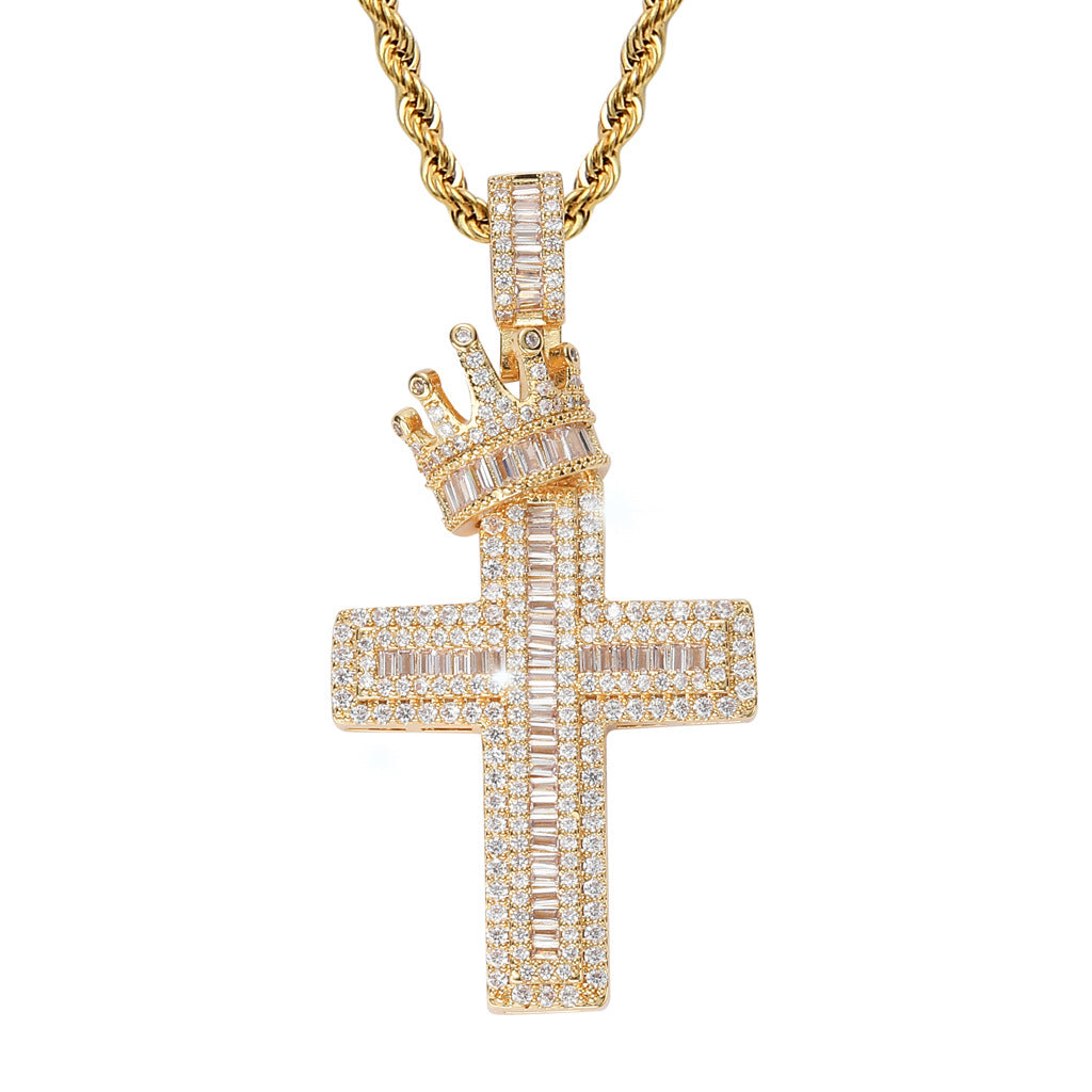 Hip Hop Vintage Cross Crown Copper Pendant Necklace for Men and Women