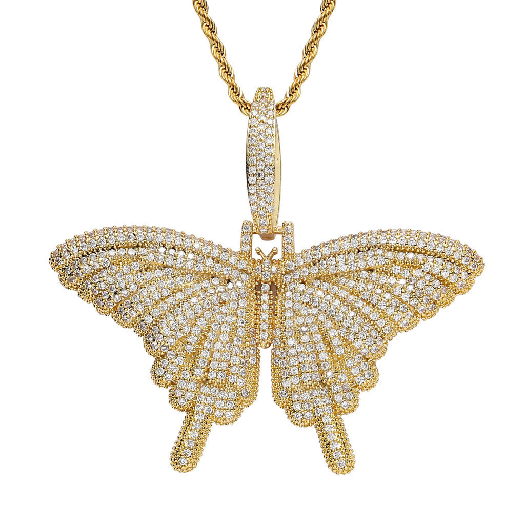 Hip Hop Light Luxury Butterfly Cubic Zirconia Pendant Necklace for Men and Women
