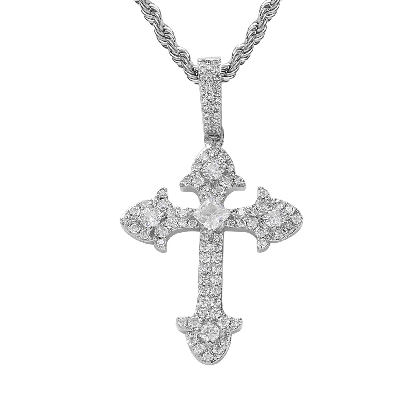 Hip Hop Vintage Cross Floral Copper Pendant Necklace for Men and Women
