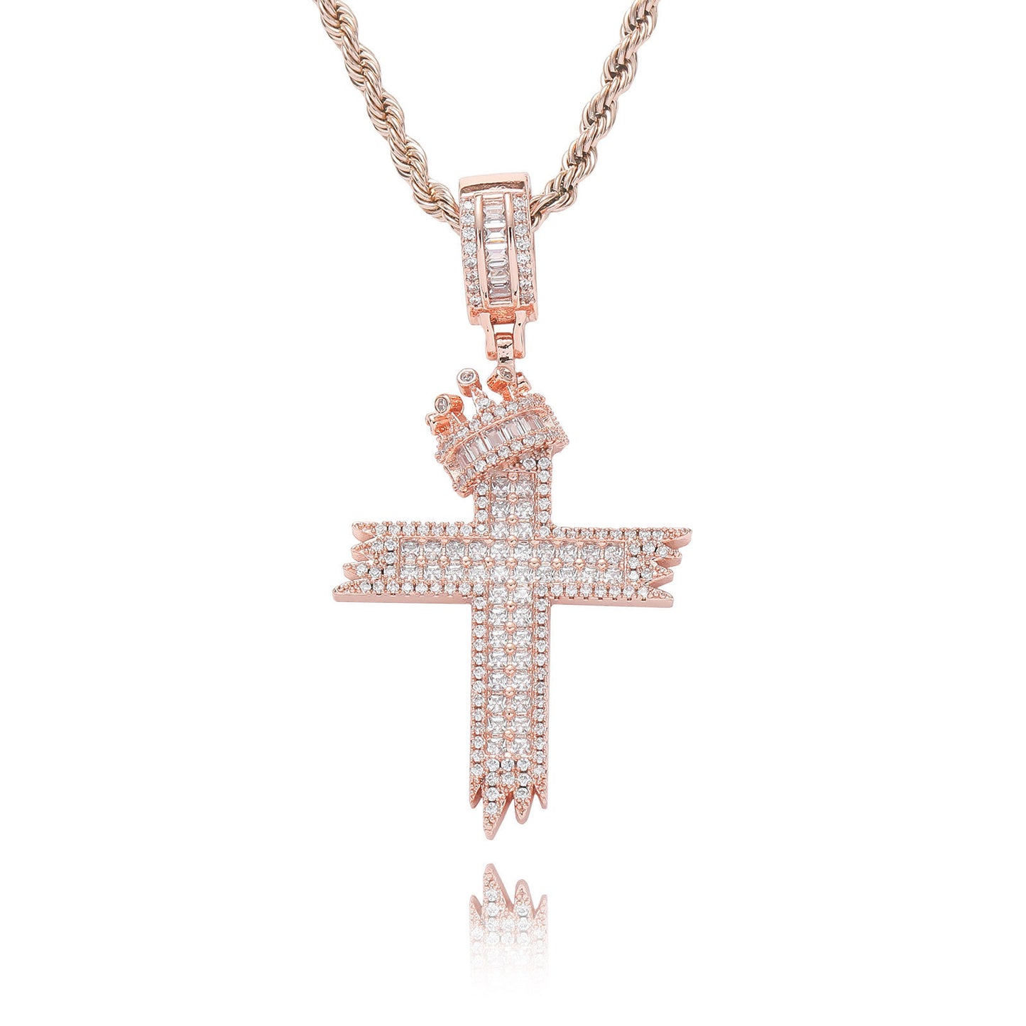 Hip Hop Vintage Cross Crown Copper Pendant Necklace for Men and Women