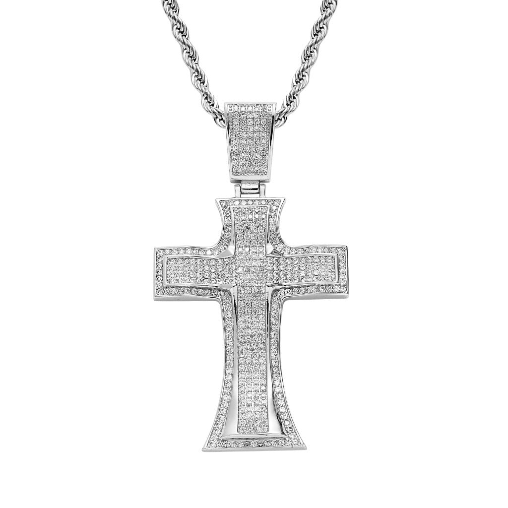 Hip Hop Vintage Cross Diamond Shape Cubic Zirconia Pendant Necklace for Men and Women