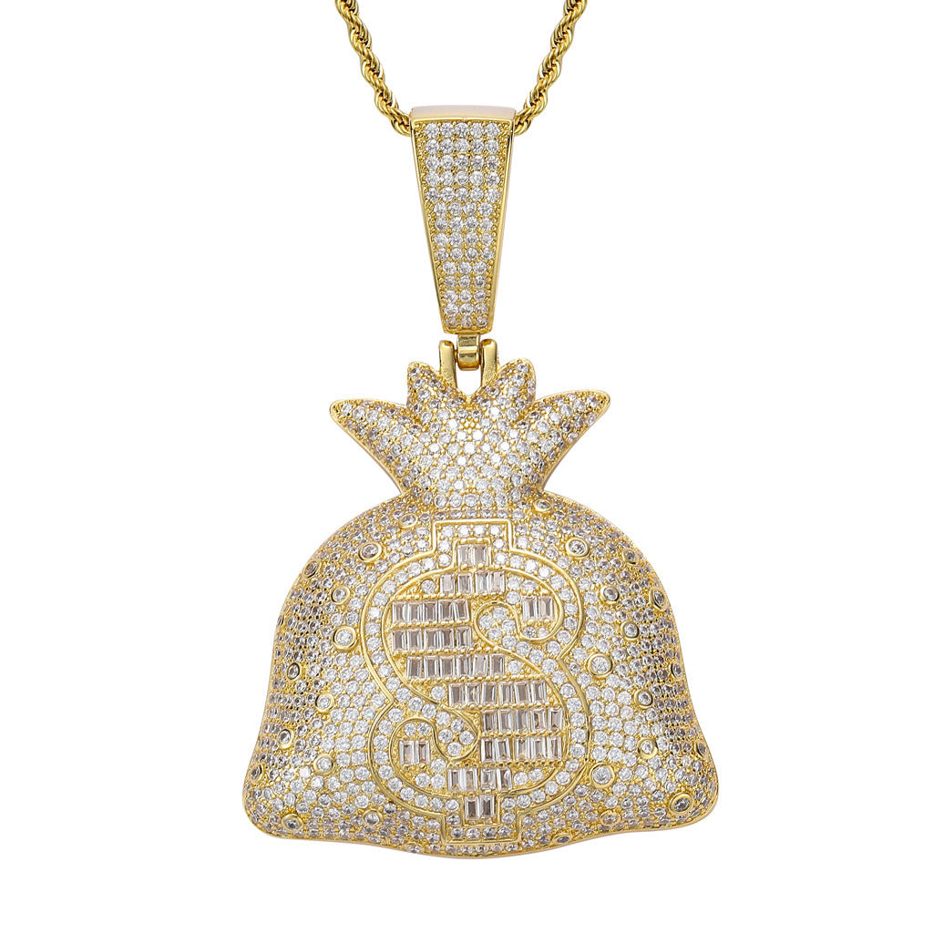 Hip Hop Dollar Money Bag Copper Pendant Necklace for Men and Women