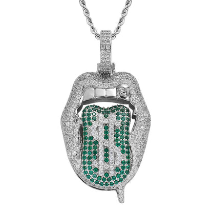 Hip Hop Skull Dollar Cubic Zirconia Pendant Necklace for Men and Women