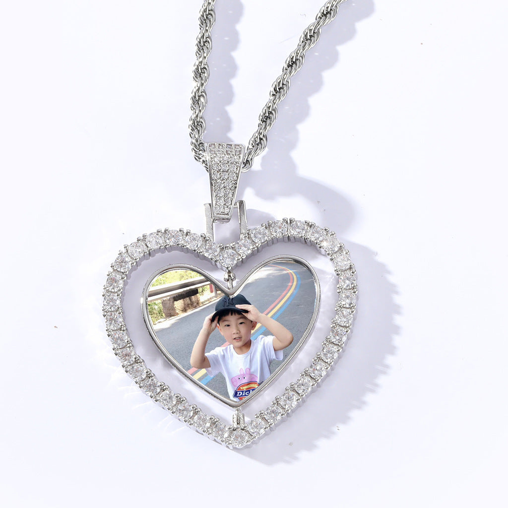 Hip Hop Heart Photo Frame Copper Necklace for Men and Women