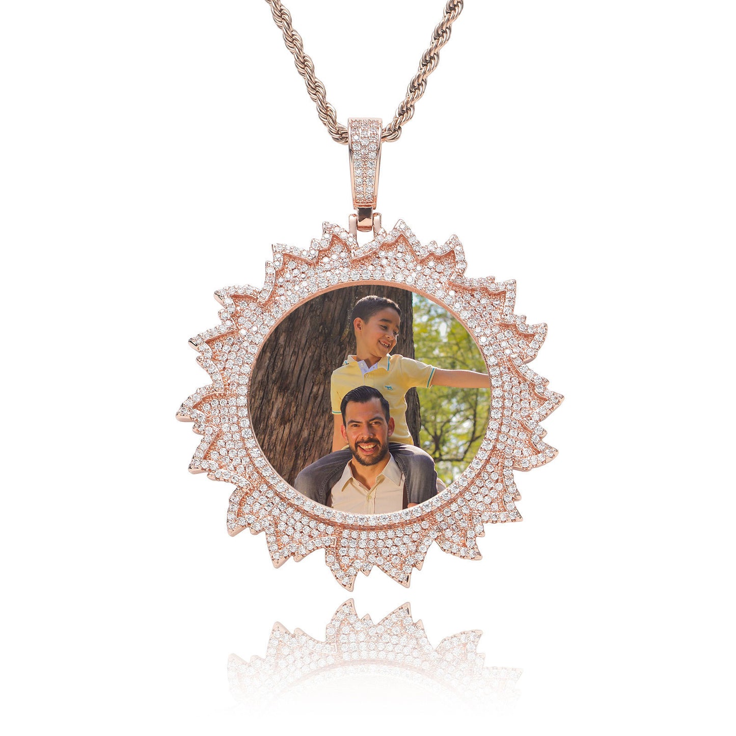 Hip Hop Floral Round Photo Copper Pendant Necklace for Men and Women