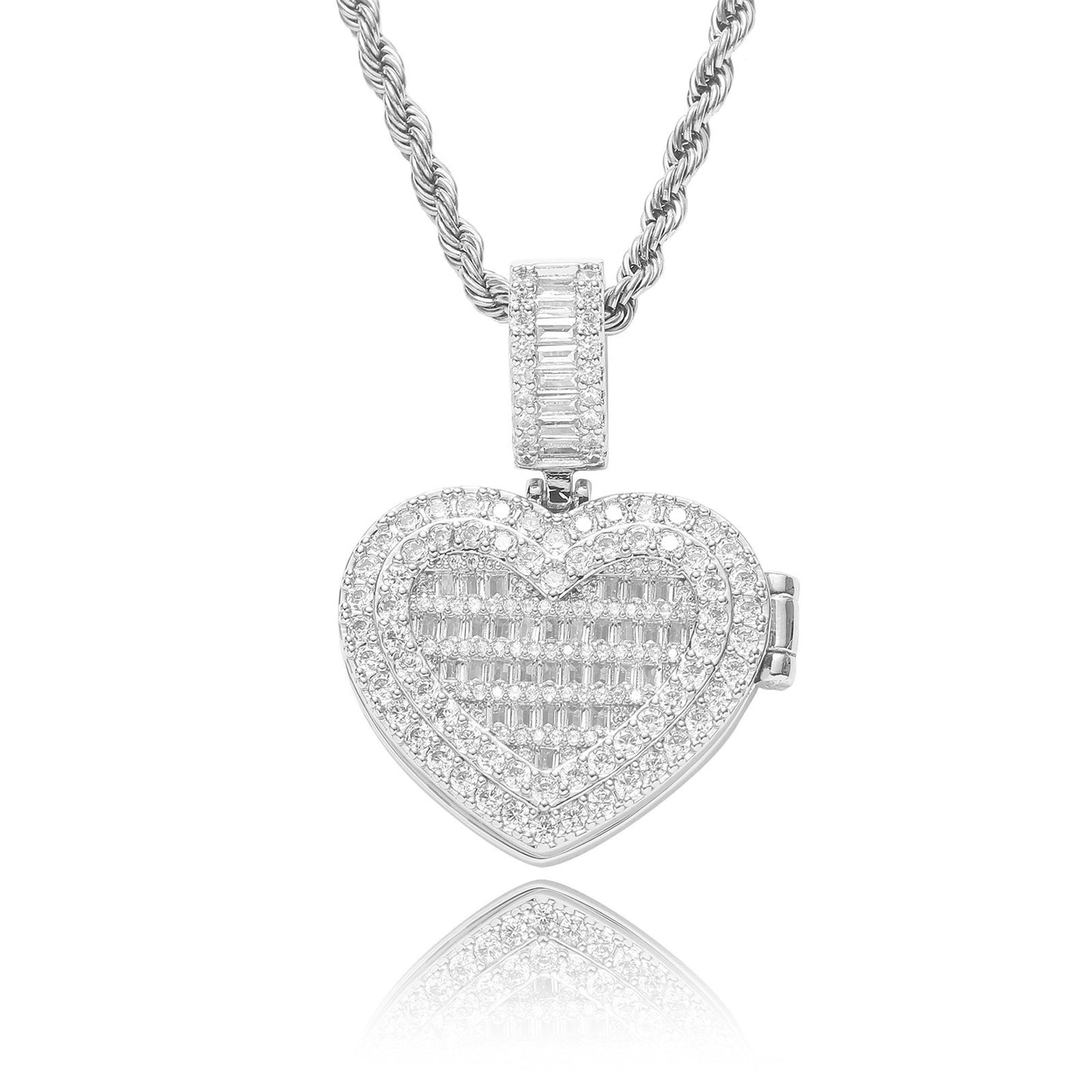 Square Round Photo Frame Cubic Zirconia Pendant Necklace for Men and Women