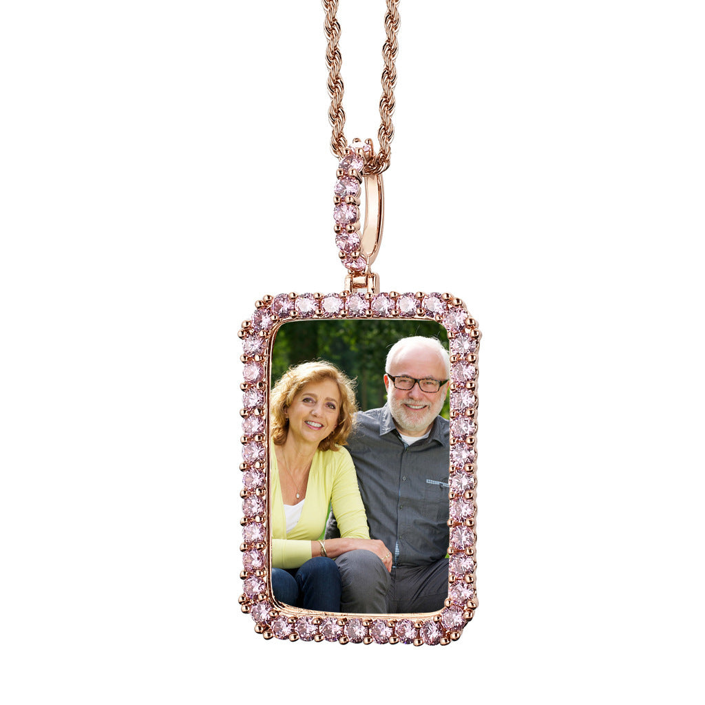 Square Photo Frame Copper Pendant Necklace for Men and Women