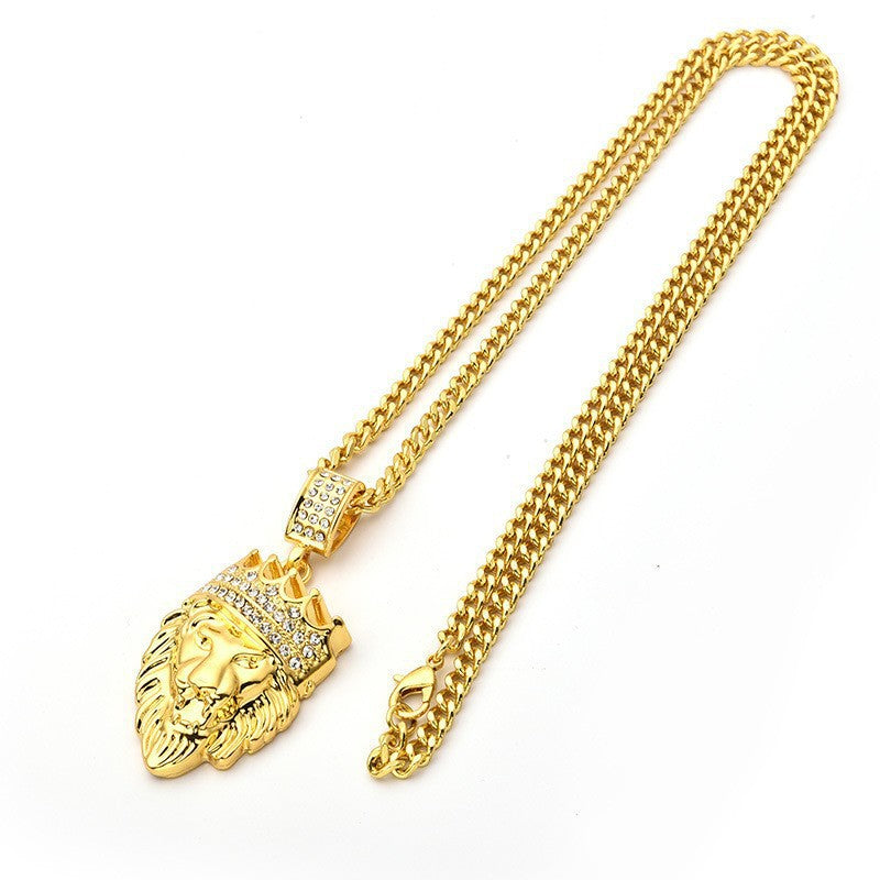 Hip Hop Vintage Crown Lion Alloy Pendant Necklace for Men and Women