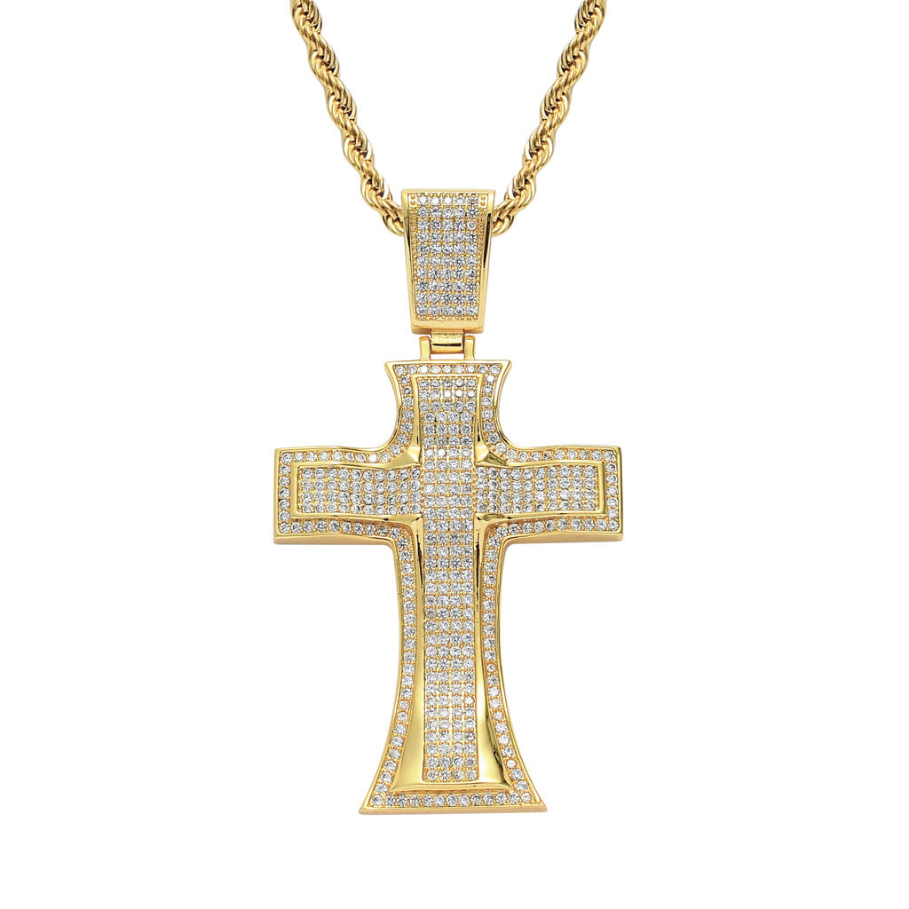 Hip Hop Vintage Cross Diamond Shape Cubic Zirconia Pendant Necklace for Men and Women