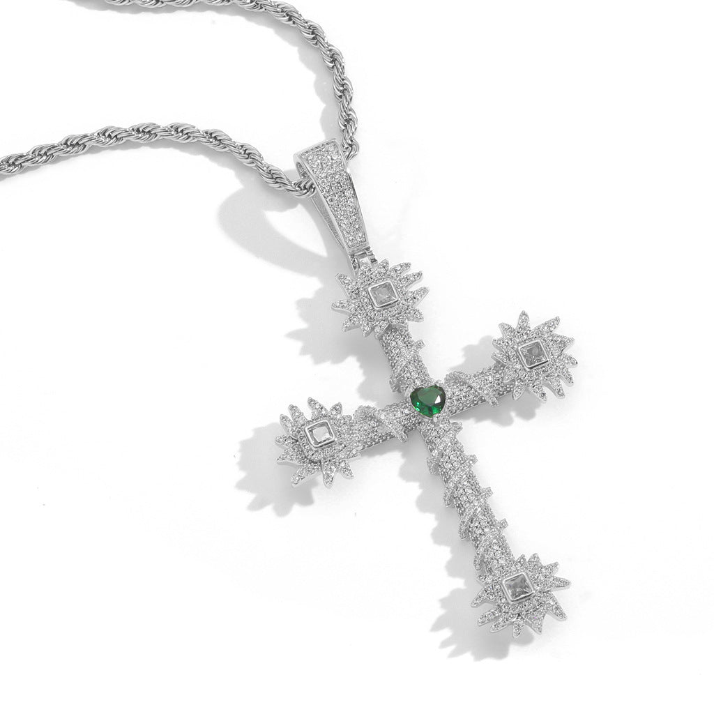 Vintage Light Luxury Cross Heart Cubic Zirconia Pendant Necklace for Men and Women