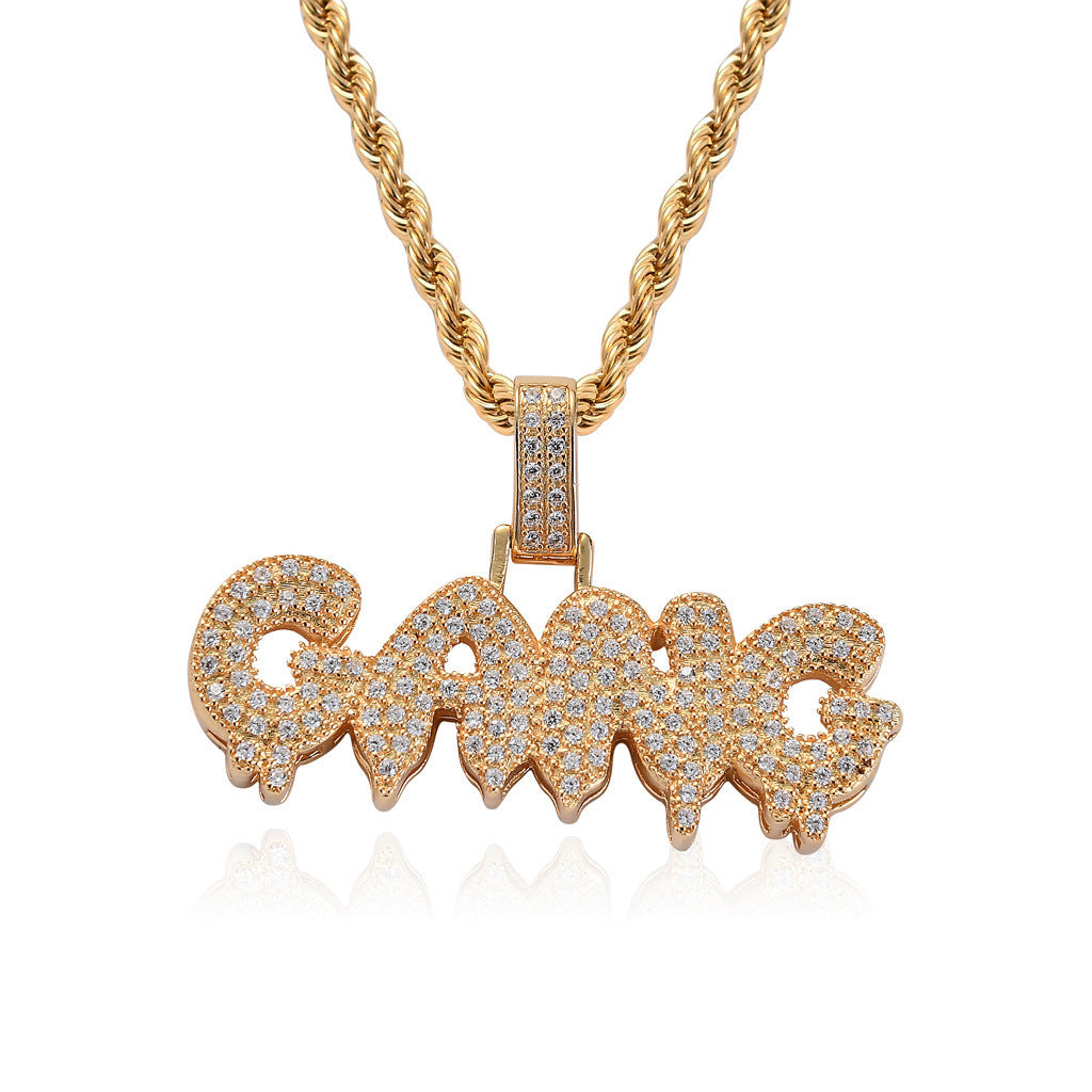 Hip Hop Letter Teardrop Cubic Zirconia Pendant Necklace for Men and Women