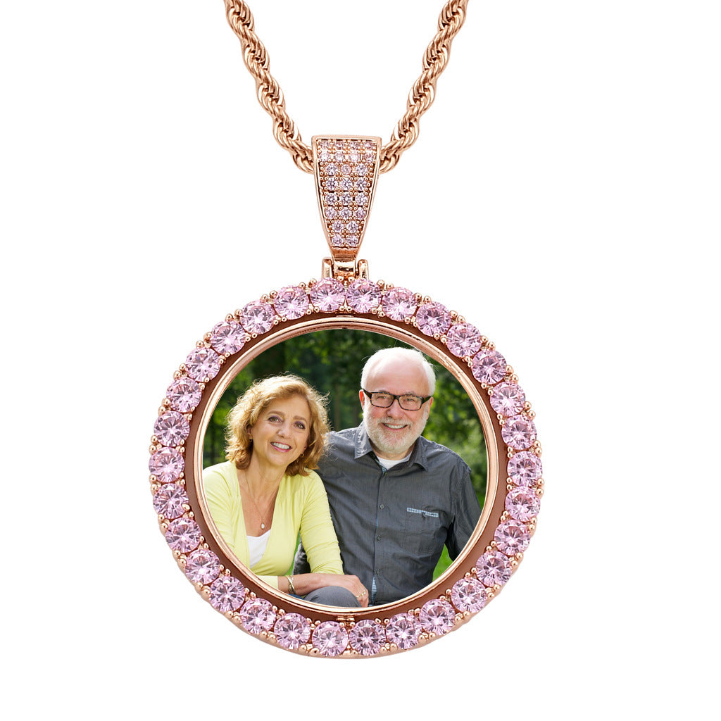 Hip Hop Round Photo Frame Copper Pendant Necklace for Men and Women