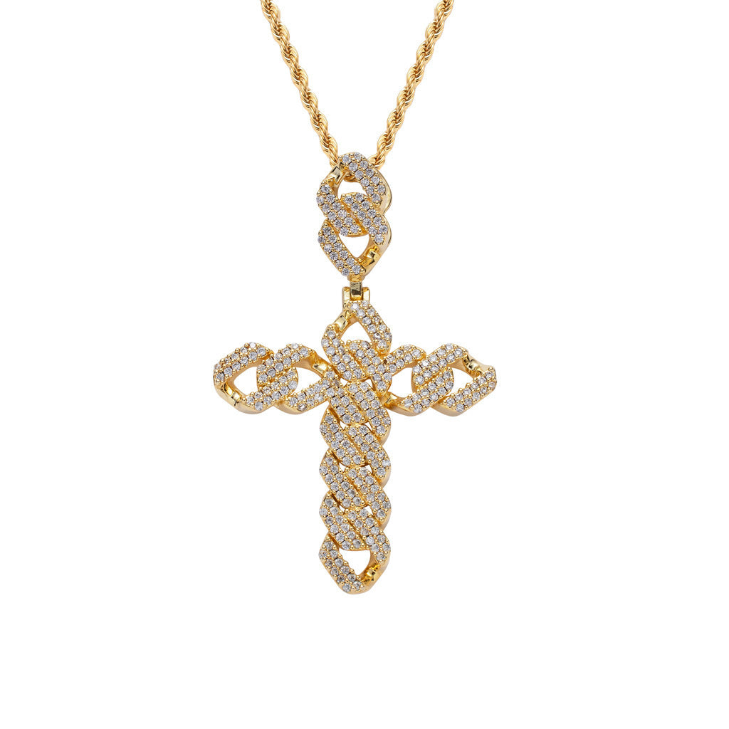Hip Hop Cross Diamond Shape Cubic Zirconia Pendant Necklace for Men and Women