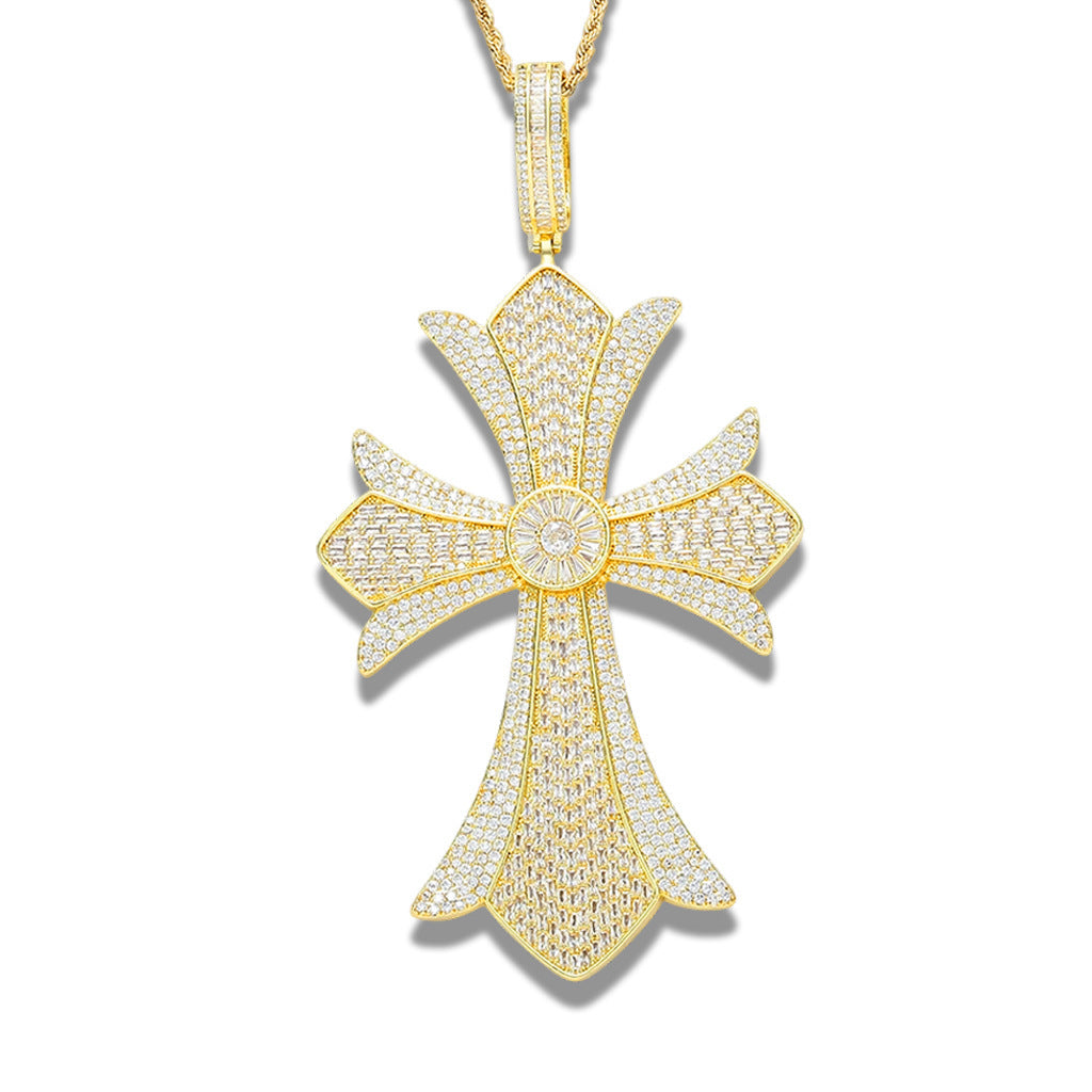 Hip Hop Vintage Cross Floral Copper Pendant Necklace for Men and Women