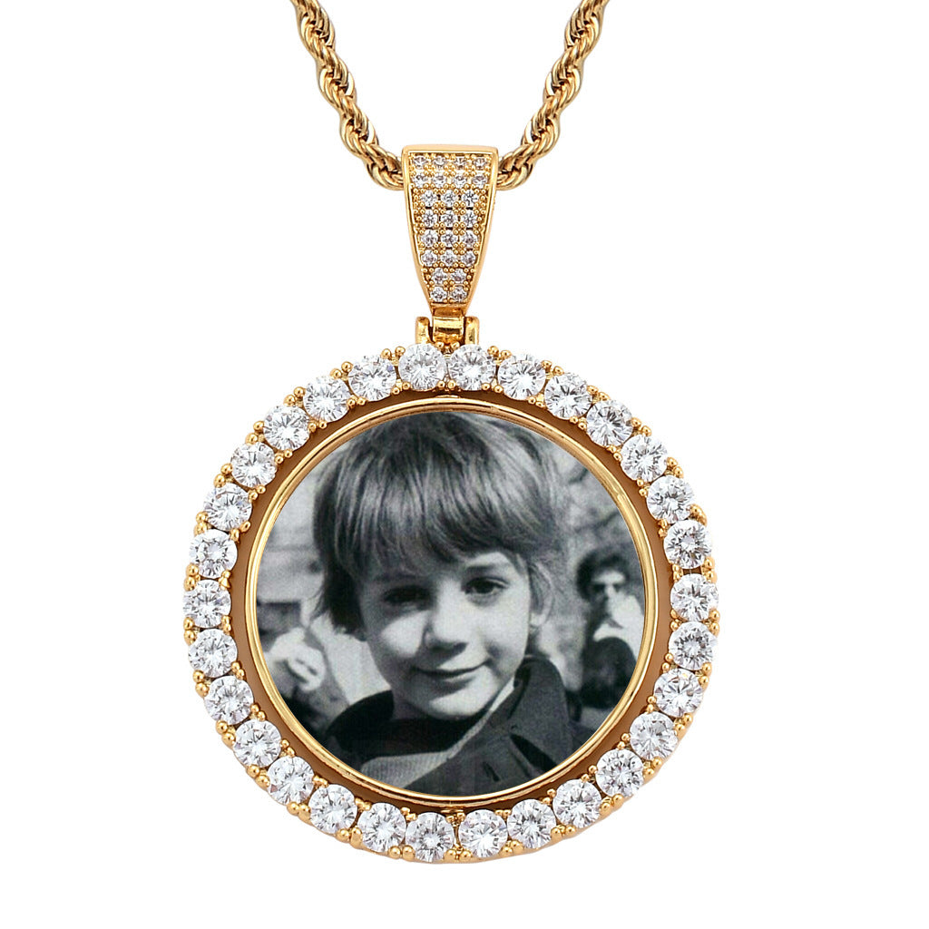 Hip Hop Round Photo Frame Copper Pendant Necklace for Men and Women