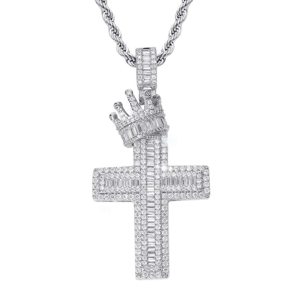Hip Hop Vintage Cross Crown Copper Pendant Necklace for Men and Women