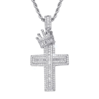 Hip Hop Vintage Cross Crown Copper Pendant Necklace for Men and Women