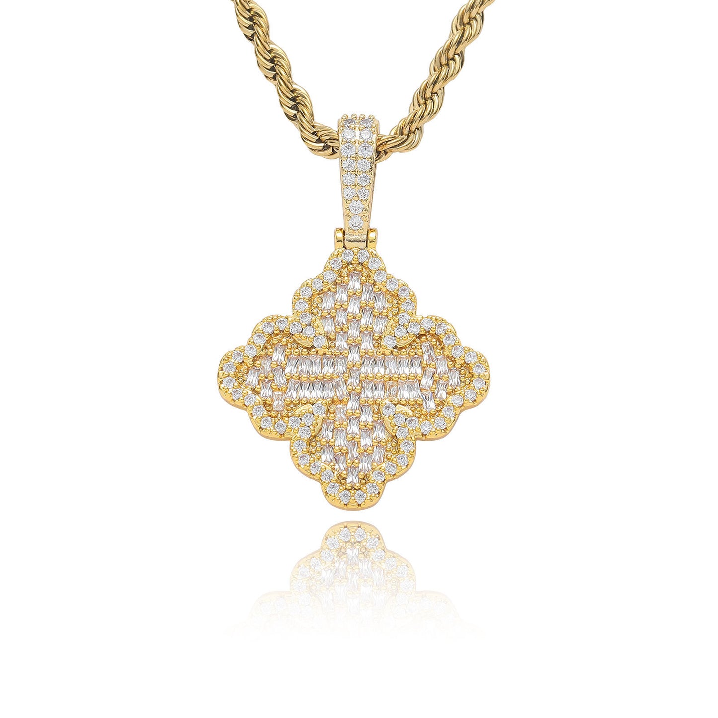 Hip Hop Light Luxury Four Leaf Clover Cross Copper Necklace for Men and Women