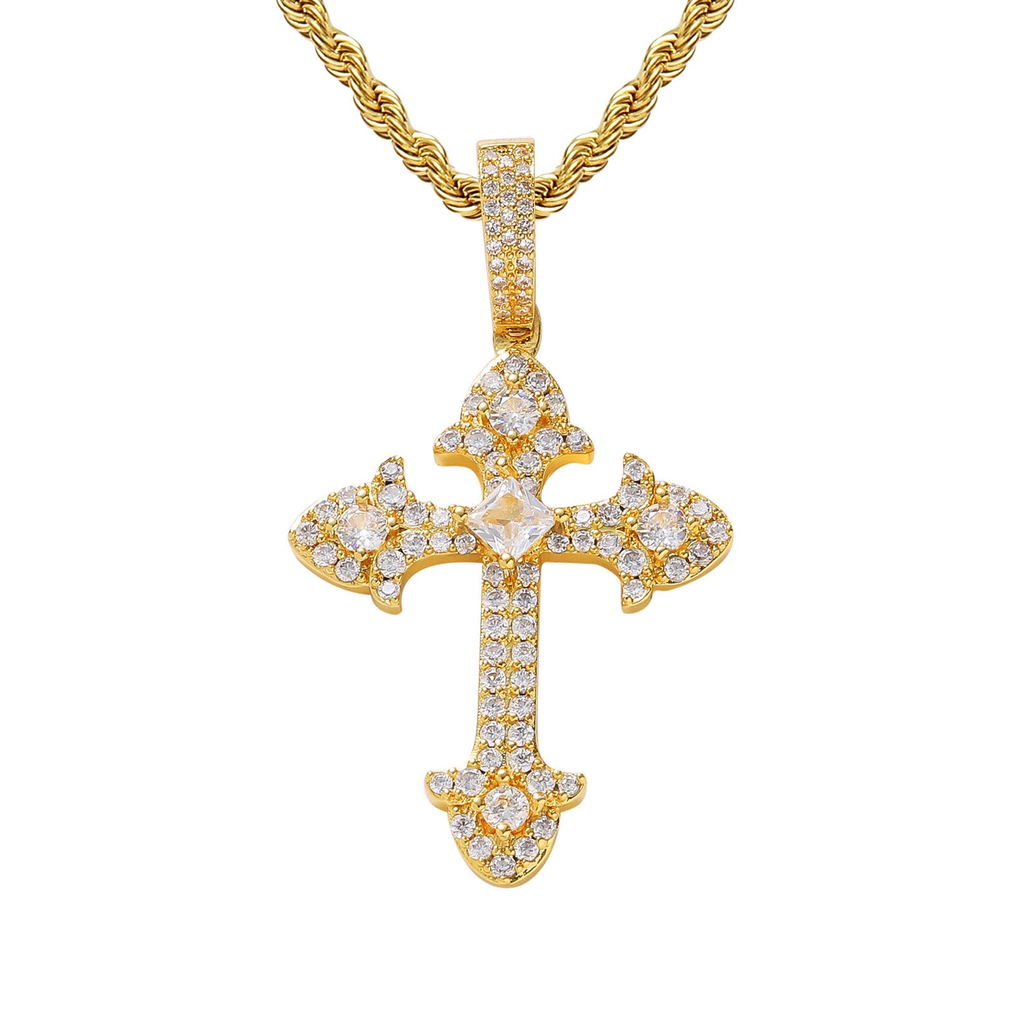 Hip Hop Vintage Cross Floral Copper Pendant Necklace for Men and Women