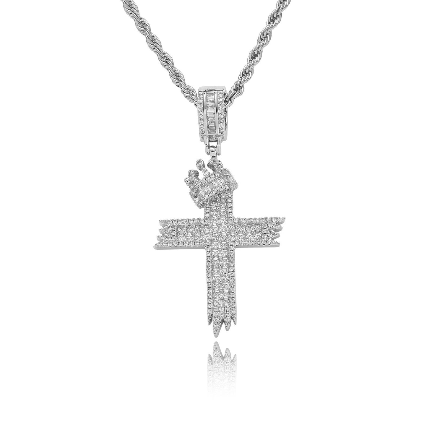 Hip Hop Vintage Cross Crown Copper Pendant Necklace for Men and Women