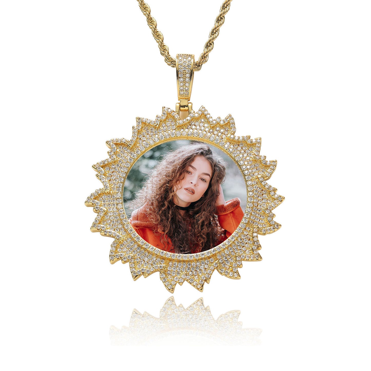 Hip Hop Floral Round Photo Copper Pendant Necklace for Men and Women